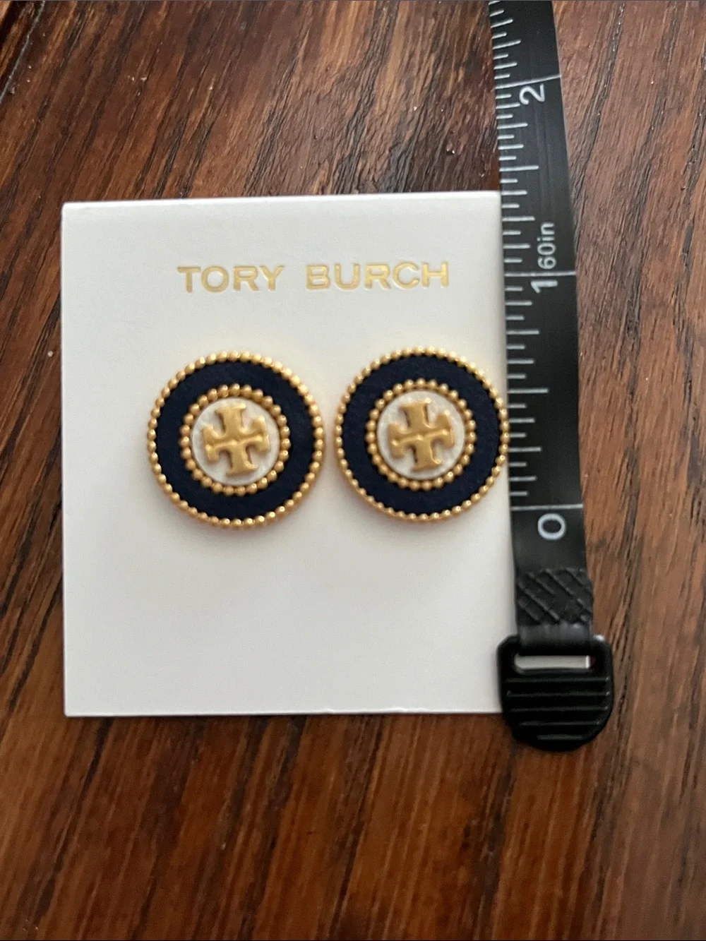 Tory Burch Gold and Navy Blue Round Logo Stud Earrings
